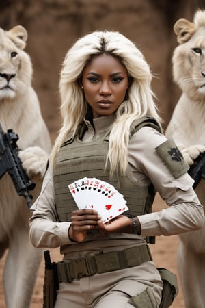 anthro White (Lion:1.1) | 
wearing military combat wear | war setting | perfect symmetry, fine detail, 
Playing cards,
Beautiful sexy African woman,
Holding up cards,
Soldiers,
Motion photography,
((Weapon)) ,
((M16)) ,
intricate, stunning, highly detailed, 
sharp focus, magical atmosphere, 
novel, fantastic, 
epic, cinematic, 
directed, full color, best, light,action shot
