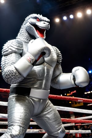 Godzilla ,
Boxing arena,
Boxing gloves,
White gloves,
Fight ,
Silver Cape,
