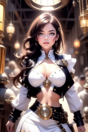 (+18) ,
HZ steampunk,
Masterpiece, 
highres,
natural volumetric lighting and best shadows,
highly detailed face, 
highly detailed facial features, 
1sexy girl, 
steampunk, 
solo, full body shot,
White Boots,
Glowing black eyes, 
breasts, navel, 
White and black hair, 
cleavage,
very light smile, 
looking at viewer, 
midriff, 
White bustier, 
Victorian Long jacket,
White jacket,
Black outlines ,
long hair, lips, 
earrings, 
medium breasts, 
freckles, 
White Mini skirt,
Visible ample pussy,
Outline pussy,
belt,ste4mpunk,outline