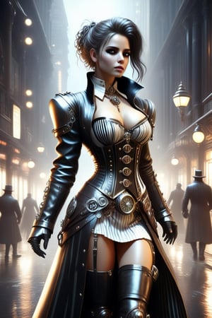 (+18) ,
HZ steampunk,
Masterpiece, 
highres,
natural volumetric lighting and best shadows,
highly detailed face, 
highly detailed facial features, 
1sexy girl, 
steampunk, 
Cyberpunk white stripes City,
solo, full body shot,
Black and White stripes Boots,
Glowing hazel eyes, 
breasts, navel, 
Black and White stripes hair, 
cleavage,
very light smile, 
looking at viewer, 
Black and White stripes  midriff, 
Silver bustier, 
Victorian Long jacket,
Black and White stripes jacket,
Neon Glowing outlines ,
long hair, lips, 
earrings, 
medium breasts, 
freckles, 
Silver Mini skirt,
Visible ample pussy,
Skirt lifting,
Outline pussy,
belt,ste4mpunk,outline,more detail XL