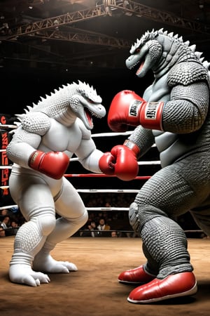 Godzilla ,
Boxing arena,
Boxing gloves,
White gloves,
Fight ,

