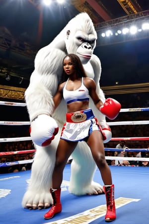 (Giant white King Kong) ,
Boxing arena,
Boxing gloves,
White gloves,
Fight ,
Beautiful sexy African girl,


