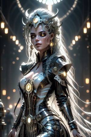 (+18) ,
HZ steampunk,
Masterpiece, 
highres,
natural volumetric lighting and best shadows,
highly detailed face, 
highly detailed facial features, 
1sexy girl, 
steampunk, 
solo, full body shot,
White Boots,
Glowing black eyes, 
breasts, navel, 
White and black hair, 
cleavage,
very light smile, 
looking at viewer, 
Black midriff, 
Silver bustier, 
Victorian Long jacket,
Black and White stripes jacket,
Glowing outlines ,
long hair, lips, 
earrings, 
medium breasts, 
freckles, 
Silver Mini skirt,
Visible ample pussy,
Outline pussy,
belt,ste4mpunk,outline,booth