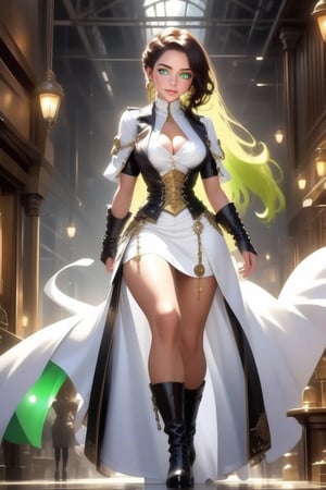 (+18) ,
HZ steampunk,
Masterpiece, 
highres,
natural volumetric lighting and best shadows,
highly detailed face, 
highly detailed facial features, 
1sexy girl, 
steampunk, 
solo, full body shot,
Glowing green eyes, 
breasts, navel, 
White and black hair, 
cleavage,
very light smile, 
looking at viewer, 
midriff, 
White bustier, 
Victorian Long jacket,
White jacket,
Black outlines ,
long hair, lips, 
earrings, 
medium breasts, 
freckles, 
White Mini skirt,
Visible ample pussy,
Outline pussy,
belt,ste4mpunk,outline