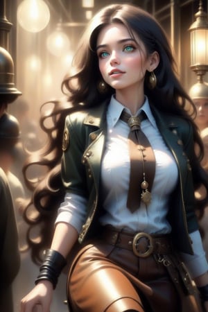 (+18) ,
HZ steampunk,
Masterpiece, 
highres,
natural volumetric lighting and best shadows,
highly detailed face, 
highly detailed facial features, 
1girl, steampunk, 
solo, full body shot,
Glowing green eyes, 
breasts, navel, 
White and black hair, 
cleavage,
very light smile, 
looking at viewer, 
midriff, 
White bustier, 
Victorian Long jacket,
White jacket,
Black outlines ,
long hair, lips, 
jewelry, 
earrings, 
medium breasts, 
freckles, 
Mini skirt,
belt,ste4mpunk,outline