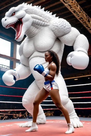 (Giant white Godzilla) ,
Boxing arena,
Boxing gloves,
White gloves,
Fight ,
Beautiful sexy African girl,

