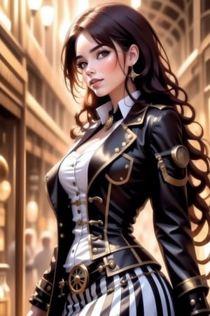 (+18) ,
HZ steampunk,
Masterpiece, 
highres,
natural volumetric lighting and best shadows,
highly detailed face, 
highly detailed facial features, 
1sexy girl, 
steampunk, 
solo, full body shot,
White Boots,
Glowing black eyes, 
breasts, navel, 
White and black hair, 
cleavage,
very light smile, 
looking at viewer, 
Black midriff, 
Silver bustier, 
Victorian Long jacket,
Black and White stripes jacket,
Glowing outlines ,
long hair, lips, 
earrings, 
medium breasts, 
freckles, 
Silver Mini skirt,
Visible ample pussy,
Outline pussy,
belt,ste4mpunk,outline