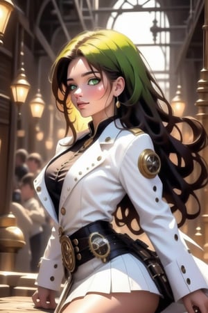 (+18) ,
HZ steampunk,
Masterpiece, 
highres,
natural volumetric lighting and best shadows,
highly detailed face, 
highly detailed facial features, 
1sexy girl, 
steampunk, 
solo, full body shot,
Glowing green eyes, 
breasts, navel, 
White and black hair, 
cleavage,
very light smile, 
looking at viewer, 
midriff, 
White bustier, 
Victorian Long jacket,
White jacket,
Black outlines ,
long hair, lips, 
earrings, 
medium breasts, 
freckles, 
White Mini skirt,
Visible ample pussy,
Outline pussy,
belt,ste4mpunk,outline