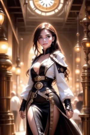 (+18) ,
HZ steampunk,
Masterpiece, 
highres,
natural volumetric lighting and best shadows,
highly detailed face, 
highly detailed facial features, 
1sexy girl, 
steampunk, 
solo, full body shot,
White Boots,
Glowing black eyes, 
breasts, navel, 
White and black hair, 
cleavage,
very light smile, 
looking at viewer, 
Black midriff, 
Silver bustier, 
Victorian Long jacket,
Black and White stripes jacket,
Glowing outlines ,
long hair, lips, 
earrings, 
medium breasts, 
freckles, 
Silver Mini skirt,
Visible ample pussy,
Outline pussy,
belt,ste4mpunk,outline