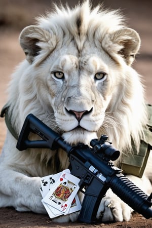 anthro White (Lion:1.1) | 
wearing military combat wear | war setting | perfect symmetry, fine detail, 
Playing cards,
Soldiers,
Motion photography,
((Weapon)) ,
((M16)) ,
intricate, stunning, highly detailed, 
sharp focus, magical atmosphere, 
novel, fantastic, 
epic, cinematic, 
directed, full color, best, light,action shot