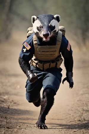anthro (honey badger:1.1) | 
wearing military combat wear | war setting | perfect symmetry, fine detail, 
Running,
Motion photography,
Weapon,
M16,
intricate, stunning, highly detailed, 
sharp focus, magical atmosphere, 
novel, fantastic, 
epic, cinematic, 
directed, full color, best, light