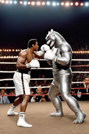 Godzilla ,
Boxing arena,
Boxing gloves,
White gloves,
Fight ,
Mohammed Ali ,
Silver Cape,

