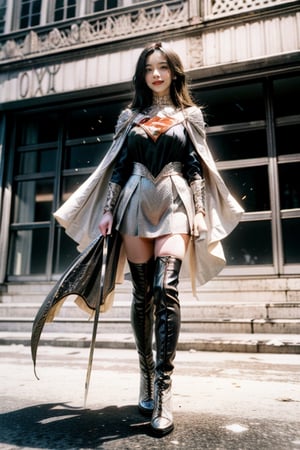 masterpiece, 
best quality, 
In a world of black and silver,
White snow,
highres, 
absurdres, 
best quality, 
1woman30yo, 
blonde hair, 
Big breast, 
sky, cloudy,
(clouds:1.15), smile, 
suspended in the air, 
full body, from away, 
metropolis, 
((supergirl costume)) ,
Silver costume,
Black shirt,
((White Cape)) ,
Silver boots,
Silver skirt,
,
Black and white,
Superman Logo,
from below,Color Booster,3D MODEL,angelawhite,1 girl