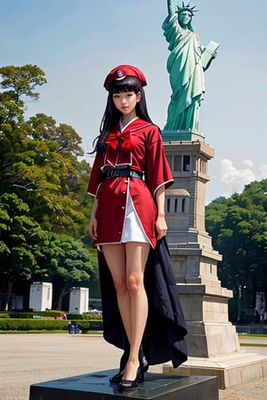 capitals girl with a sailor red cap, asian, red and black color clothes anime key visual full body portrait character concept art, commander with flowing brunette hair green eyes,long straight black hair, 
The statue of Liberty in background,
brutalist grimdark fantasy, kuudere noble dictator, trending pixiv fanbox, rule of thirds golden ratio, by greg rutkowski wlop makoto shinkai takashi takeuchi studio ghibli jamie wyeth,bw, (natural skin texture, hyperrealism, soft light, sharp)