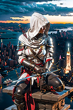 One girl, 
((assassin Creed)), 
hoody, white armor, 
New York city, 
neon lights, on top of a tower, 
crouching on top of a tower, 
aerial view of liberty island , 
((The statue of Liberty showing)) ,
|((wet surfaces)), rain, lightning, sparks, senset ,|(Masterpiece, highly detailed, extremely detailed, beautiful, HD)), 
(extremely clear CG unity 8k wallpaper, masterpiece, best quality, ultra-detailed, best shadow), 
(clear background), Movie Still, Film Still, mecha,more detail XL