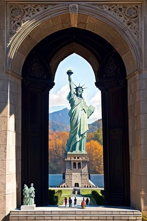 A forbidden castle high up in the mountains, 
Small statue of liberty in the entrance of the castle,
pixel art, (intricate details:1.12), 
hdr, (intricate details, hyperdetailed:1.15), 
(natural skin texture, 
hyperrealism, soft light, sharp:1.2), 
game art, key visual, surreal