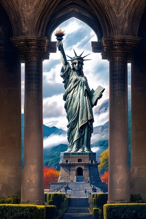 A forbidden castle high up in the mountains, 
Small statue of liberty in the entrance of the castle,
pixel art, (intricate details:1.12), 
hdr, (intricate details, hyperdetailed:1.15), 
(natural skin texture, 
hyperrealism, soft light, sharp:1.2), 
game art, key visual, surreal,midjourney