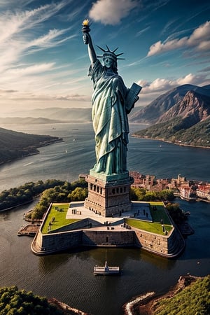A forbidden castle high up in the mountains, 
The statue of Liberty appears on The background ,,
pixel art, (intricate details:1.12), hdr, 
(intricate details, hyperdetailed:1.15), 
(natural skin texture, hyperrealism, soft light, sharp:1.2), game art, key visual, surreal