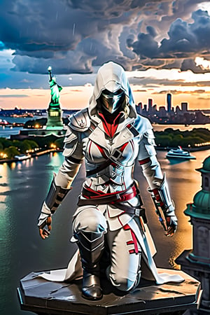 One girl, 
((assassin Creed)), 
hoody, white armor, 
New York city, 
neon lights, on top of a tower, 
crouching on top of a tower, 
aerial view of liberty island , 
((The statue of Liberty visible in background)) ,
|((wet surfaces)), 
rain, lightning, 
sparks, senset ,|
(Masterpiece, highly detailed, extremely detailed, beautiful, HD), 
(extremely clear CG unity 8k wallpaper, masterpiece, best quality, 
ultra-detailed, best shadow), 
(Detailed background), 
Movie Still, Film Still, mecha,more detail XL