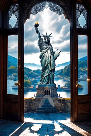 A forbidden castle high up in the mountains, 
Small statue of liberty in the entrance of the castle,
pixel art, (intricate details:1.12), 
hdr, (intricate details, hyperdetailed:1.15), 
(natural skin texture, 
hyperrealism, soft light, sharp:1.2), 
game art, key visual, surreal,midjourney