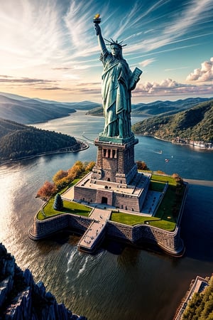A forbidden castle high up in the mountains, 
The statue of Liberty appears on The side ,
pixel art, (intricate details:1.12), hdr, 
(intricate details, hyperdetailed:1.15), 
(natural skin texture, hyperrealism, soft light, sharp:1.2), game art, key visual, surreal
