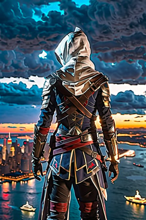 One girl, 
((assassin Creed)), 
hoody, white armor, 
New York city, 
neon lights, on top of a tower, 
crouching on top of a tower, 
aerial view of liberty island , 
((The statue of Liberty showing)) ,
|((wet surfaces)), 
rain, lightning, 
sparks, senset ,|
(Masterpiece, highly detailed, extremely detailed, beautiful, HD), 
(extremely clear CG unity 8k wallpaper, masterpiece, best quality, 
ultra-detailed, best shadow), 
(Detailed background), 
Movie Still, Film Still, mecha,more detail XL