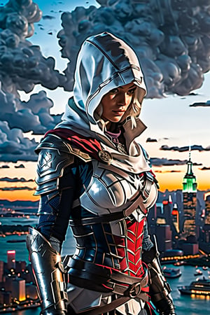One girl, 
((assassin Creed)), 
hoody, white armor, 
New York city, 
neon lights, on top of a tower, 
crouching on top of a tower, 
aerial view of liberty island , 
((The statue of Liberty in background)) ,
|((wet surfaces)), 
rain, lightning, 
sparks, senset ,|
(Masterpiece, highly detailed, extremely detailed, beautiful, HD), 
(extremely clear CG unity 8k wallpaper, masterpiece, best quality, 
ultra-detailed, best shadow), 
(Detailed background), 
Movie Still, Film Still, mecha,more detail XL