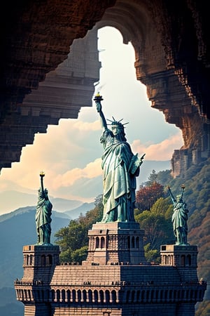 A forbidden castle high up in the mountains, 
The statue of Liberty appears on The background ,,
pixel art, (intricate details:1.12), hdr, 
(intricate details, hyperdetailed:1.15), 
(natural skin texture, hyperrealism, soft light, sharp:1.2), game art, key visual, surreal