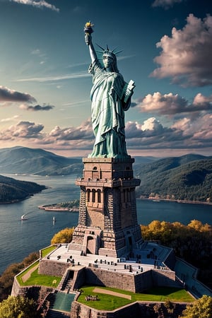 A forbidden castle high up in the mountains, 
The statue of Liberty appears in the middle,
pixel art, (intricate details:1.12), hdr, 
(intricate details, hyperdetailed:1.15), 
(natural skin texture, hyperrealism, soft light, sharp:1.2), game art, key visual, surreal