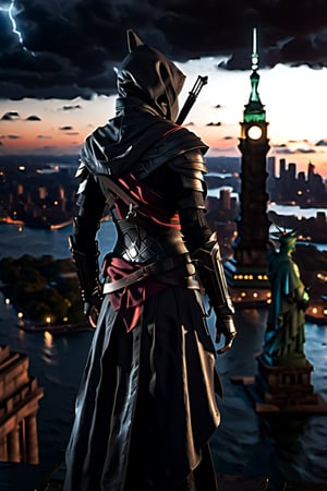 One girl, 
((assassin Creed)), 
hoody, black armor, 
cyberpunk city, 
neon lights, on top of a tower, 
crouching on top of a tower, 
aerial view of liberty island , 
((The statue of Liberty showing)) ,
|((wet surfaces)), rain, lightning, sparks, |(Masterpiece, highly detailed, extremely detailed, beautiful, HD)), 
(extremely clear CG unity 8k wallpaper, masterpiece, best quality, ultra-detailed, best shadow), 
(clear background), Movie Still, Film Still, mecha,more detail XL