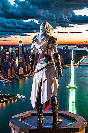 One girl, 
((assassin Creed)), 
hoody, white armor, 
New York city, 
neon lights, on top of a tower, 
crouching on top of a tower, 
aerial view of liberty island , 
((The statue of Liberty showing)) ,
|((wet surfaces)), 
rain, lightning, 
sparks, senset ,|
(Masterpiece, highly detailed, extremely detailed, beautiful, HD), 
(extremely clear CG unity 8k wallpaper, masterpiece, best quality, 
ultra-detailed, best shadow), 
(Detailed background), 
Movie Still, Film Still, mecha,more detail XL