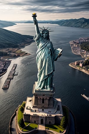 A forbidden castle high up in the mountains, 
The statue of Liberty appears on The side ,
pixel art, (intricate details:1.12), hdr, 
(intricate details, hyperdetailed:1.15), 
(natural skin texture, hyperrealism, soft light, sharp:1.2), game art, key visual, surreal