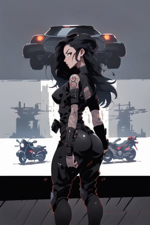 1girl, solo, long hair, breasts, black hair, holding, ass, phone, cellphone, ground vehicle, motor vehicle, smartphone, holding phone, selfie, dark, motorcycle, bondage outfit