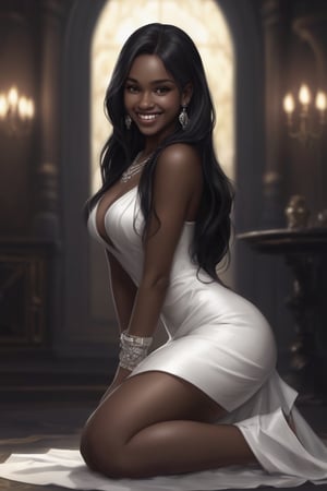 1girl, solo, long hair, looking at viewer, smile, black hair, dress, jewelry, ass, earrings, looking back, dark skin, white dress, grin, dark-skinned female, squatting, realistic, nose
