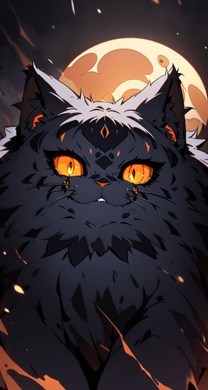 black fluffy gorgeous dangerous cat animal creature, large orange eyes, big fluffy ears, piercing gaze, full moon, dark ambiance, best quality, extremely detailed,
