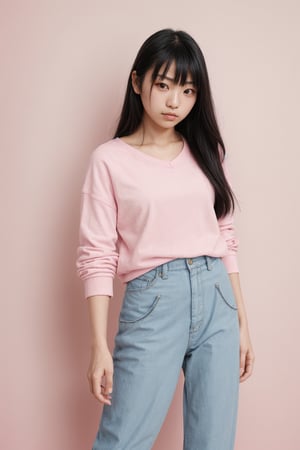 fashion portrait photo of young woman kiriko (overwatch) , taken on a hasselblad medium format camera, pastel background scenery, wearing casual clothes,