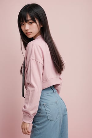 fashion portrait photo of young woman kiriko (overwatch) , taken on a hasselblad medium format camera, pastel background scenery, wearing casual clothes,