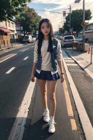 Create a hyper realistic 18 year old girl, nagatoro hayase, road asphalt background