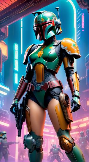 "Artistic Image, The center of this scene is Boba Fett of Star Wars, full body portrait with iconic Star Wars mask. She is seen amidst her high-tech environment, adorned with Star Wars Tattoo art. The image should be a blend of digital illustration and anime, featuring a level of detail that brings the character and scene to life. The Boba Fetts anatomy is athletic, capturing the essence of both freedom and soul. Drawing inspiration from Masamune Shirow, the illustration features sharp focus, smooth transitions, and an underlying watercolor aesthetic. The environment is filled with digital screens and neon lights, adding to the cyberpunk atmosphere.", 35mm, Medium Shot, Highly Detailed, Octane Render