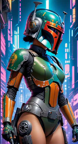 "Artistic Image, The center of this scene is Boba Fett of Star Wars, full body portrait with iconic Star Wars mask. She is seen amidst her high-tech environment, adorned with Star Wars Tattoo art. The image should be a blend of digital illustration and anime, featuring a level of detail that brings the character and scene to life. The Boba Fetts anatomy is athletic, capturing the essence of both freedom and soul. Drawing inspiration from Masamune Shirow, the illustration features sharp focus, smooth transitions, and an underlying watercolor aesthetic. The environment is filled with digital screens and neon lights, adding to the cyberpunk atmosphere.", 35mm, Medium Shot, Highly Detailed, Octane Render,Movie Still