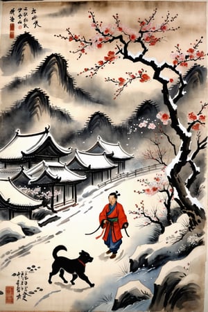 ancien technique peinture chinois sur papier xuan, aquarelle et ligne, un jeune homme marche sous la tempête de neige, cerisier en fleurs, un chien court derrière lui, des moutons brouten de l'herbe en arrière plan, faible contrast, art by Yun Qiu.