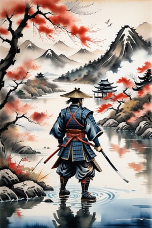 Aquarell, peinture japonaise,
un beau ronin samurai s'entraîne sur le fallait,
vue d'oiseau rapprochée,
rivière,
faible contrast,
art by ukiyo-e.