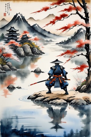Aquarell, peinture japonaise,
un beau ronin samurai s'entraîne sur le fallait,
vue d'oiseau rapprochée,
rivière,
faible contrast,
art by ukiyo-e.