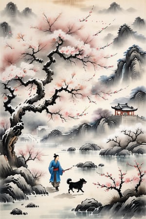 ancient Chinese painting technique on xuan paper, watercolor and line, a young man walks under the snowstorm, cherry tree in bloom, a dog runs behind him, sheep grazing on grass in the background, low contrast, art by Yun Qiu  .