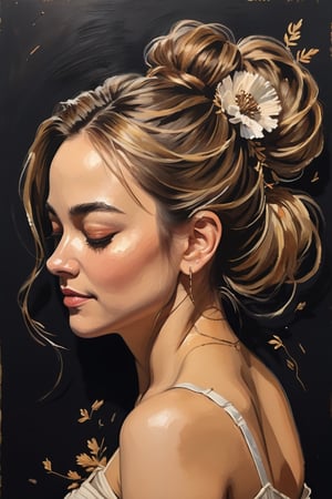 acrylic and line painting of a portrait a beautiful lady mid-turn, bebd back, closed eyes, slightly smiling, hair in bun, background adorned with dried flowers, dim lit.