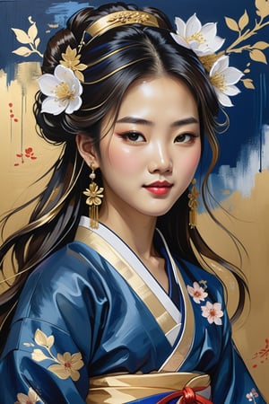acrylic and line painting of a beautiful Korean girl wearing hanbok, flowing hair adorned with  flowers ans jewellery, mid-turn, bend back, slightly smiling, looking malicious at viewer, dark blue and gold brush strokes abstract background.