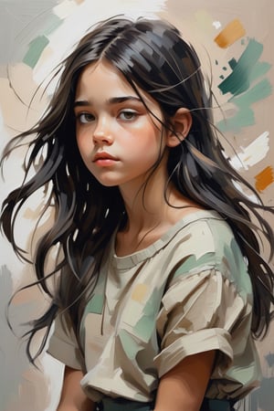 🌵🎈🌵

a young girl in a moment of quiet contemplation. Rendered with expressive brushstrokes and a muted palette. loose lines creates a sense of movement and energy. The girl's dark hair, with its wild strands suggesting a free spirit.
