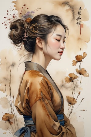 watercolor and line painting of a portrait a beautiful lady mid-turn, bebd back, closed eyes, slightly smiling, hair in bun, background adorned with dried flowers, art by Ma Yuan.