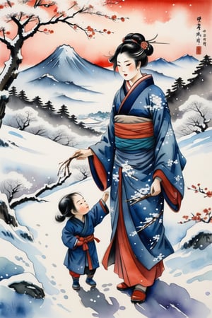 peinture chinoise, aquarelle 
character, une femme avec enfant marchent dans le champ,
cerisier sous la neige,
paysage enneigé,
éclaboussures.
art by ukiyo-e 
