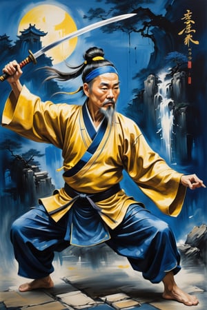 Old Chinese acrylic and line, dripp paints painting of an old master executes an art of Tai Chi with sword play, mid-turn, looking at viewer, hair in bun, whit headband, wearing flowing shenyi dancing with sword in area of ancient temple, dark blue and yellow abstract thick strokes background, dimlit. art by Ma Yuan.